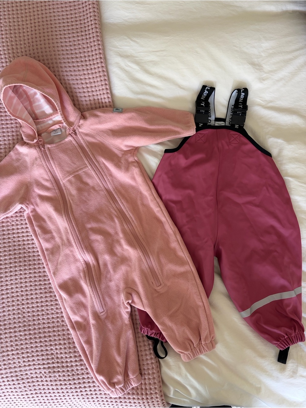 Polarn O. Pyret Pink Fleece Hooded Romper and Waterproof Rain Pants